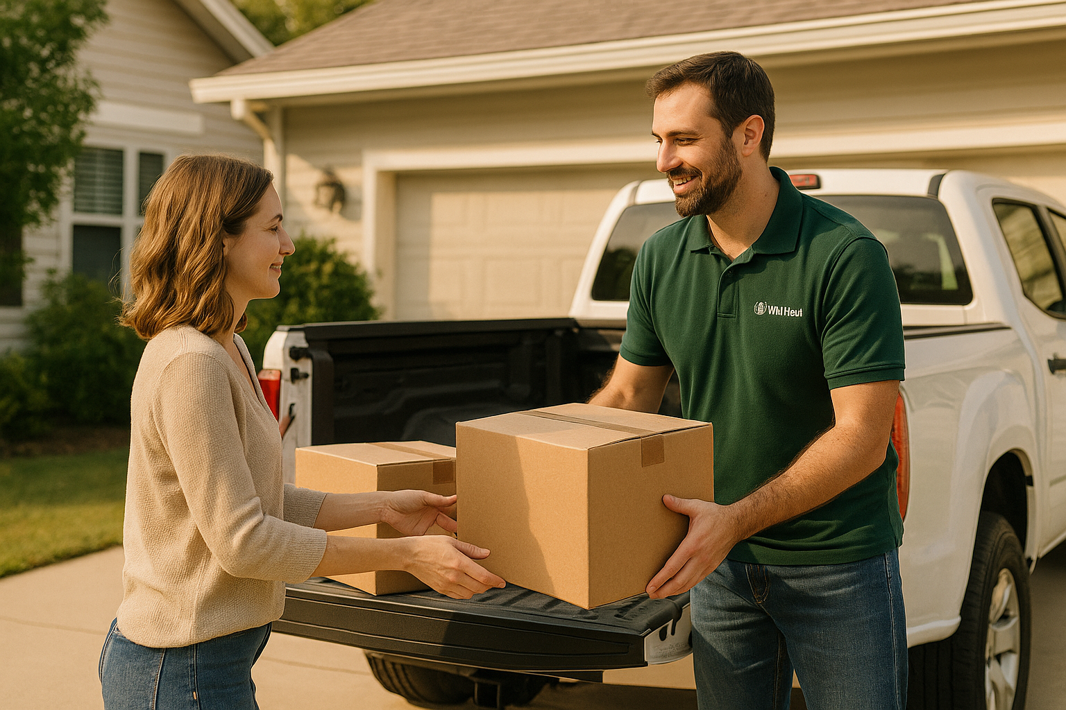 Friendly driver loading a pickup with boxes